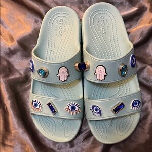 CROCS Light Blue Embellished Slide Sandals